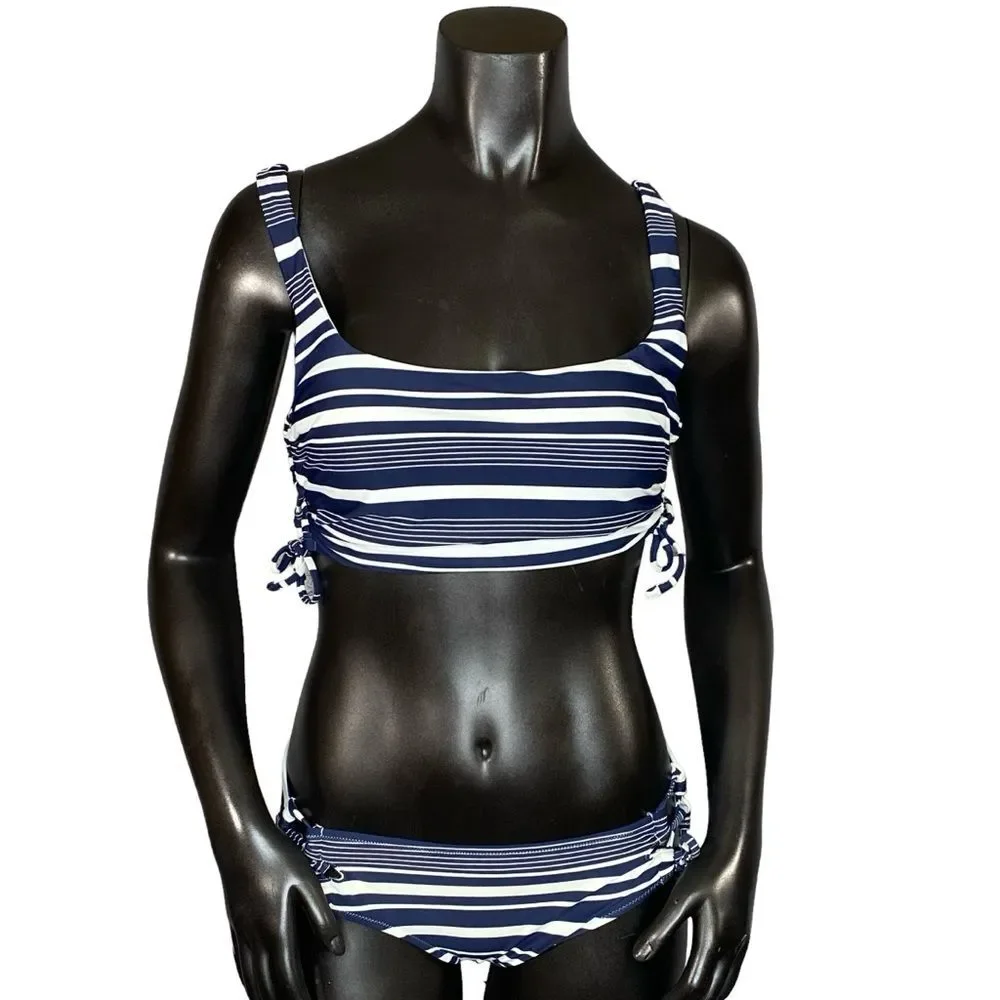 Aerie Bikini Scoop Side Tie SZ Medium Navy Blue White Stripe Wide Strap